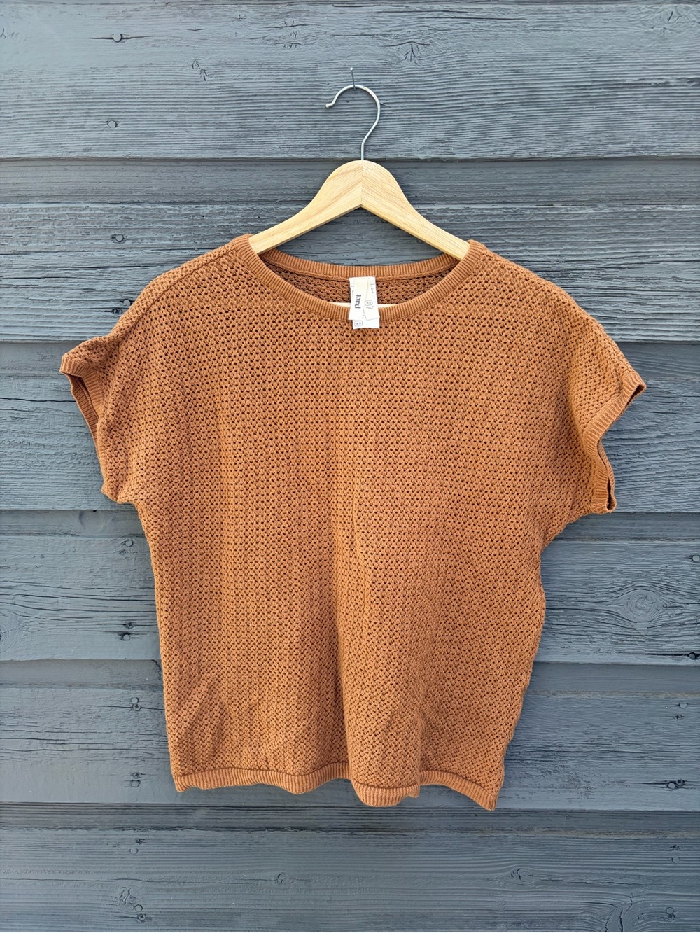 Pact Organic Cotton Linen Beachside Crochet Knit Short Sleeve Top Brown Sugar XS